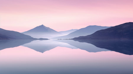 Beautiful mountain lake and natural environment in the morning background. Tranquil purple pink sunset mood lighting in panoramic mountainous and nature lake shore scenery. Picturesque generative AIの素材