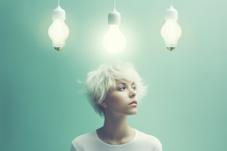 bright light bulb float above of young scandinavian womans head. beautiful Generative AI AIG32の素材