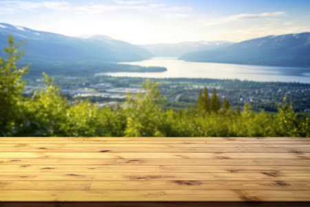 The empty wooden brown table top with blur background of Norway in summer. Exuberant image.の素材