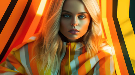 Young female model posing with trendy fashion outfit and colorful vibrant orange optical art abstract background. Picturesque generative AIの素材