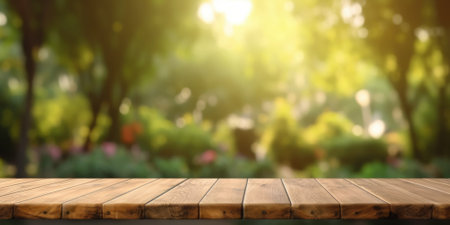 The empty wooden table top with blur background of garden. Exuberant image.