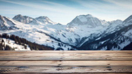 The empty wooden table top with blur background of Alpine with snow capped. Exuberant image.の素材