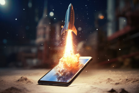 Rocket coming out of smartphone screen. beautiful Generative AI AIG32の素材