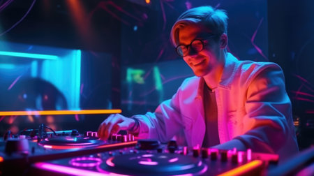 candid an excited DJ young scandinavian man mixing music at turntables with headphones. beautiful Generative AI AIG32の素材