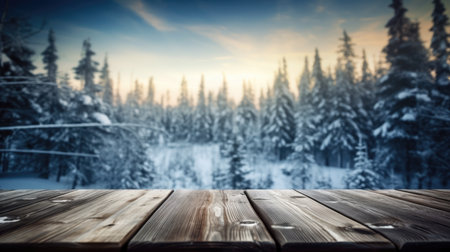 The empty wooden dark brown rustic table top with blur background of winter forest in finland. Exuberant image.の写真素材