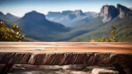 The empty wooden brown table top with blur background of Cradle mountain in Tasmania. Generative AI image AIG30.の素材