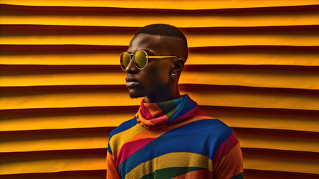 Young male model posing with trendy man fashion outfit and colorful orange optical art abstract background. Picturesque generative AIの素材