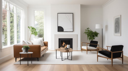 Living room decor, home interior design . Modern Minimalist style with Fireplace decorated with Wood and Leather material . Generative AI AIG26.の素材