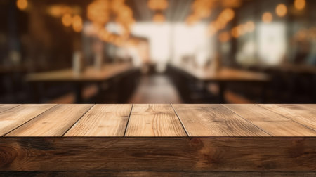 The empty wooden table top with blur background of cafe. Exuberant image.の写真素材