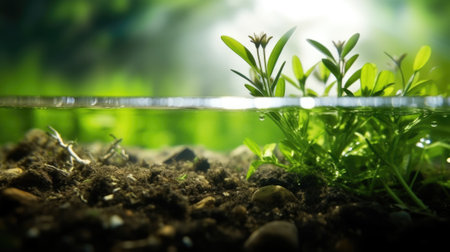 half underwater split, macro photography, stream of fresh water, young green plant, outdoor springtime. beautiful Generative AI AIG32の素材
