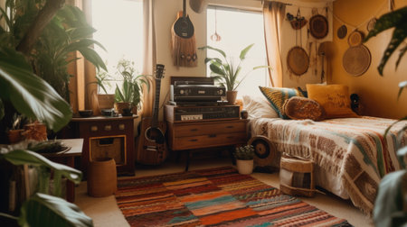 Bedroom decor, home interior design . Bohemian Mid-century Modern style with Gallery Wall decorated with Wood and Brass material . Generative AI AIG26.の素材