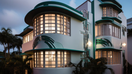 Home architecture design in Art Deco Style with Circular driveway constructed by Concrete, Glass, and Metal material. Streamlined moderne design. Generative AI AIG25 .の素材