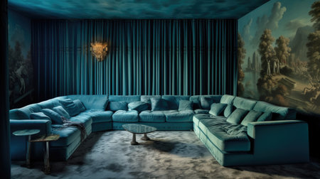 The interior design of vintage aqua blue living room with long curtain, cotton velvet vintage sofa, and silk rug. Generative AI AIG27.の素材