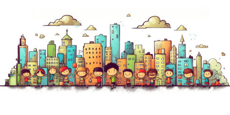 city skyline children cartoon funny on white background. beautiful Generative AI AIG32の素材