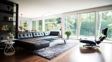 Living room decor, home interior design . Modern Minimalist style with Large Window decorated with Leather and Glass material . Generative AI AIG26.の素材
