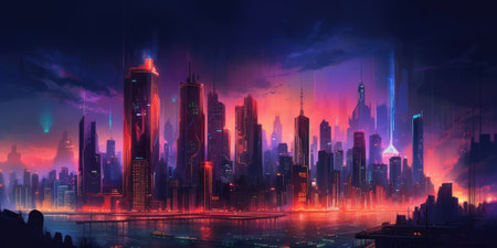 city skyline cyberpunk neon on dark background. beautiful Generative AI AIG32の素材