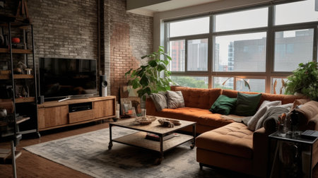 A stylish modern industrial living room interior design with brick wall and a view of another residence. Generative AI AIG27.の素材
