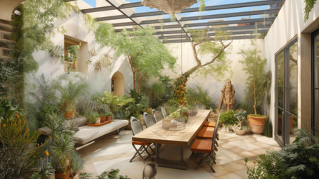 A dining table with wooden chairs set in gardening and natural style. Generative AI AIG27.の素材