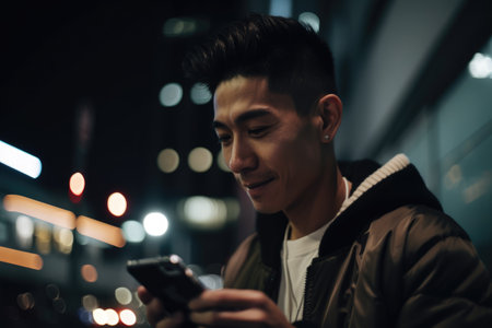 Low angle shot of a young chinese japanese man trendy clothes using mobile phone with background of urban city street at night. Generative AI AIG18.の素材