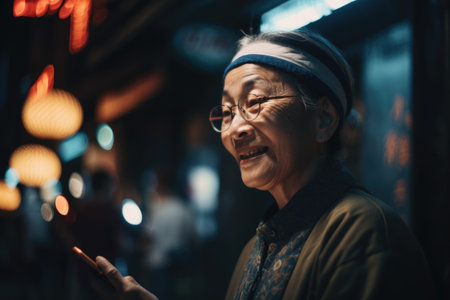 a senior chinese japanese woman trendy clothes using mobile phone with background of urban city street at night Generative AI AIG18.の素材