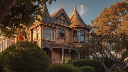 Home architecture design in Farmhouse Style with Wrap-around porch constructed by Wood and stone material. Southern charm. Generative AI AIG25 .の素材