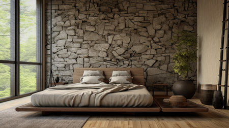 Bedroom decor, home interior design . Contemporary Japanese style with Accent Wall decorated with Wood and Stone material . Generative AI AIG26.の素材