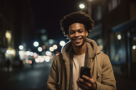 Wide angle shot of a young african-american man trendy clothes using mobile phone with background of urban city street at night. Generative AI AIG18.の素材