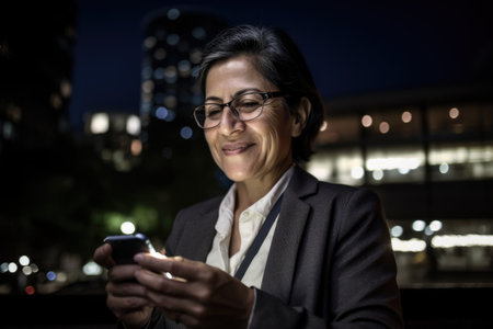 Wide angle shot of a senior mexican hispanic businesswoman executive using mobile phone with background of modern office buildings at night. Generative AI AIG18.の素材