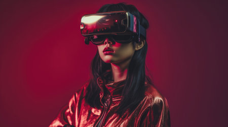 Beautiful model with colorful and trendy outfit with glowing colorful light, fashionable aisn glitch core teenager girl wearing VR. Picturesque generative AIの素材