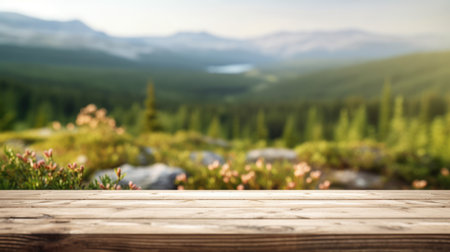 The empty wooden brown table top with blur background of Norway nature landscape. Exuberant image.の素材