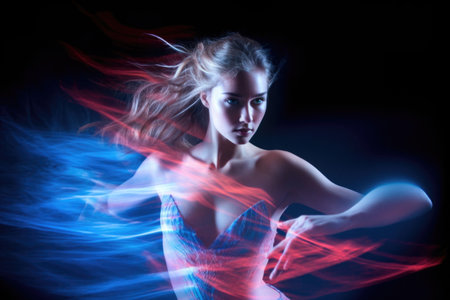 Female ballet dancer with red and blue light trails in motion blur. Generative AI AIG27.の素材