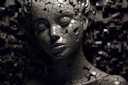 A woman made of dark grey puzzle pieces with some are missing, Generative AI AIG27.の素材