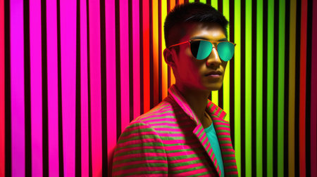 Young male model posing with trendy man fashion outfit and colorful vibrant glowing green and pink optical art abstract background. Picturesque generative AIの素材