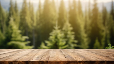 The empty wooden table top with blur background of boreal forest. Exuberant image.の素材