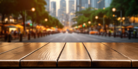 The empty wooden table top with blur background of street in downtown business district with people walking. Exuberant image.の素材