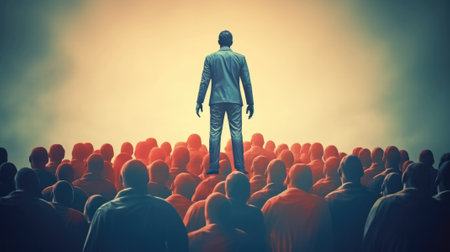 leadership concept, a true born leader standing in front of the cheering crowd, red and blue colors. beautiful Generative AI AIG32の素材