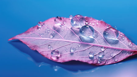 The close-up of transparent skeleton leaf with water drops on beautiful texture in a blue and pink background. Generative AI image AIG30.の素材