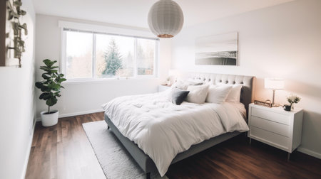 Bedroom decor, home interior design . Scandinavian Minimalist style with Statement Lighting decorated with Wood and Leather material . Generative AI AIG26.の素材