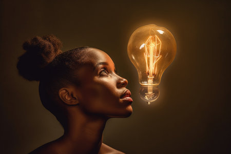 bright light bulb float above of young african womans head. beautiful Generative AI AIG32の素材