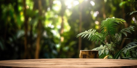 The empty rustic wooden table for product display with blur background of tropical jungle. Generative AI image AIG30.の素材