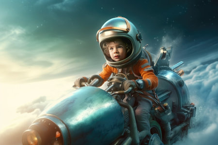 kid in spacesuit helmet riding on a rocket. beautiful Generative AI AIG32の素材