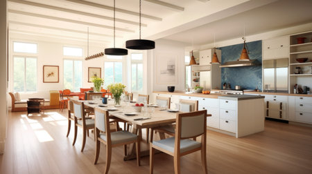 The modern interior open space design of dining room and kitchen in white tone. Generative AI AIG27.の素材