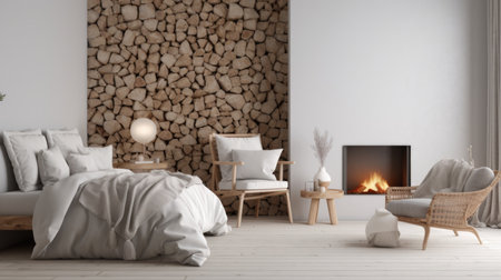 Bedroom decor, home interior design . Scandinavian Rustic style with Fireplace decorated with Wood and Stone material . Generative AI AIG26.の素材