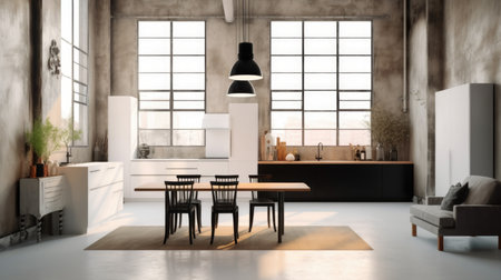 The modern high ceiling kitchen with dining table and cooking space near panel window in the loft style. Generative AI AIG27.の素材