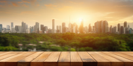 The empty wooden table top with blur background of nature skyline. Exuberant image.の素材