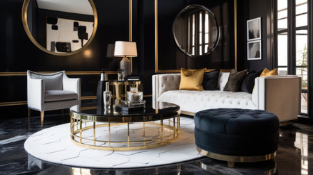 Living room decor, home interior design . Art Deco Contemporary style with Large Window decorated with Velvet and Marble material . Generative AI AIG26.の素材