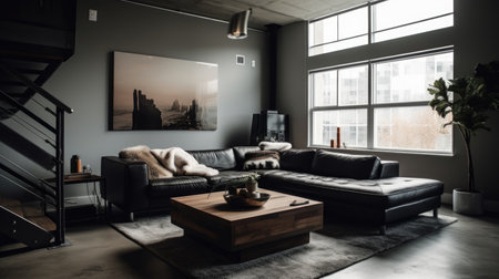 Living room decor, home interior design . Modern Industrial style with Gallery Wall decorated with Concrete and Metal material . Generative AI AIG26.の素材