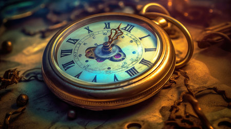 Old vintage clock ticking as concept of uncertainty future and past with imaginative surreal background. Picturesque generative AIの素材