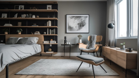 Bedroom decor, home interior design . Modern Scandinavian style with Bookshelf decorated with Wood and Metal material . Generative AI AIG26.の素材