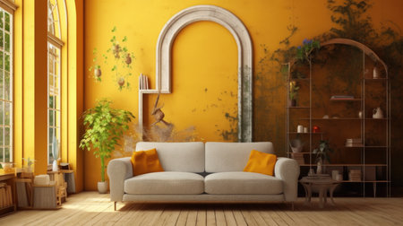 Elegant classic fresh yellow color tone living room with arch decoration. Generative AI AIG27.の素材